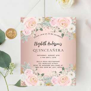 Rose gold florals Quinceanera budget invitation