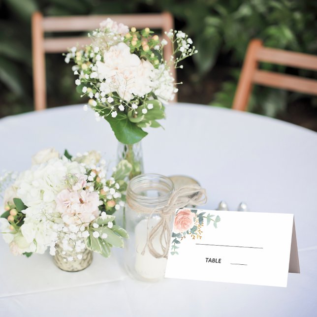 Rose gold florals white eucalyptus wedding place card (Creator Uploaded)