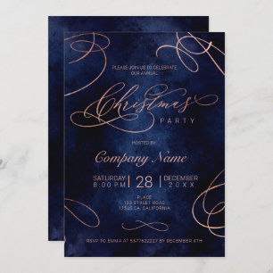 Rose gold flourish script navy Christmas corporate Invitation