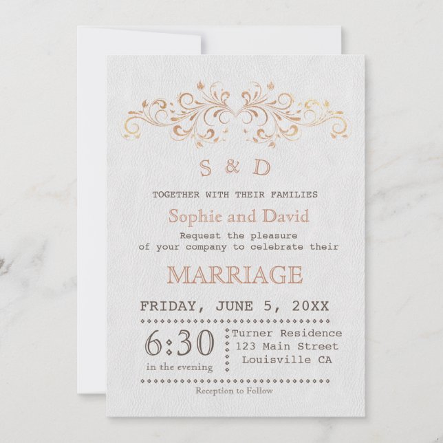 Rose Gold Flourish Swirl White Wedding Invite (Front)