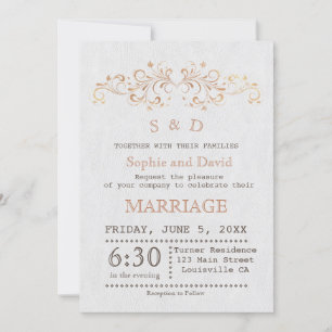Rose Gold Flourish Swirl White Wedding Invite