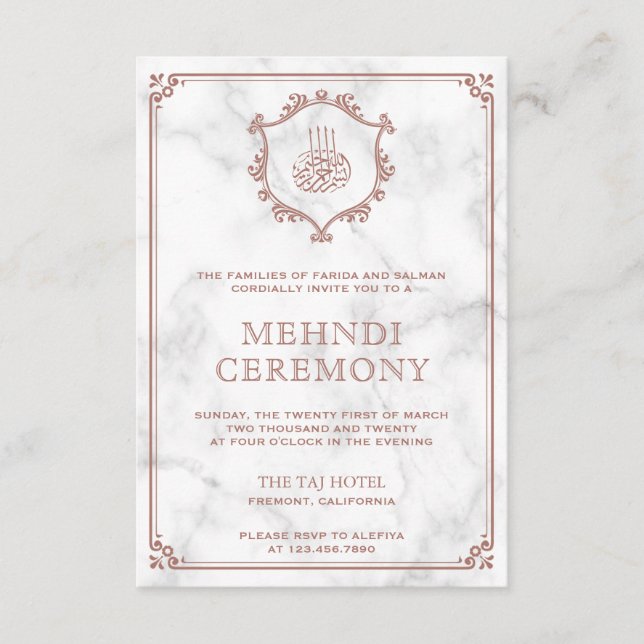 Rose Gold Flourish White Marble Islamic Mehndi Enclosure Card (Front)
