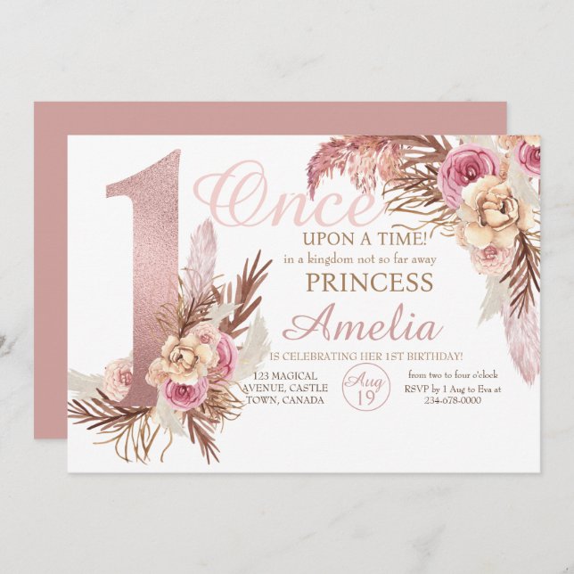  Rose Gold Flower Pampas Princess 1st Birthday  Invitation (Front/Back)