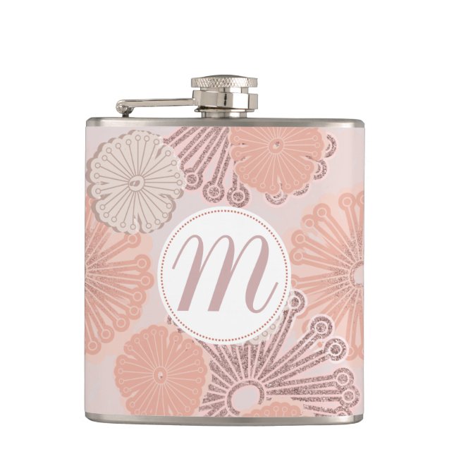 Rose Gold Flower Pattern & Monogram Hip Flask (Front)