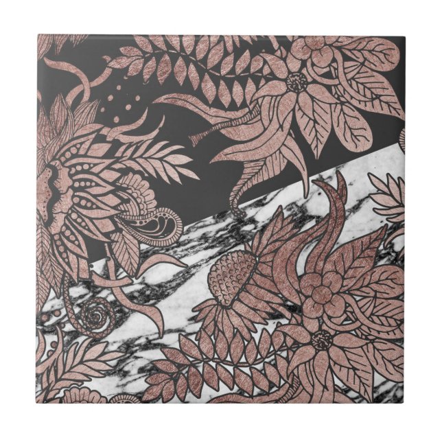 Rose Gold Flowers and Modern Black and Marble Cut Tile (Front)