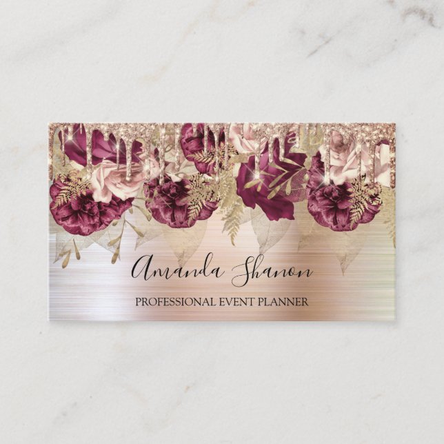 Rose Gold Flowers Brushed Drip QR CODE Logo Business Card (Front)