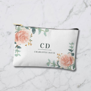 Rose gold flowers greenery name monogram accessory pouch