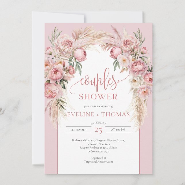 Rose gold flowers pampas grass boho couples shower invitation (Front)