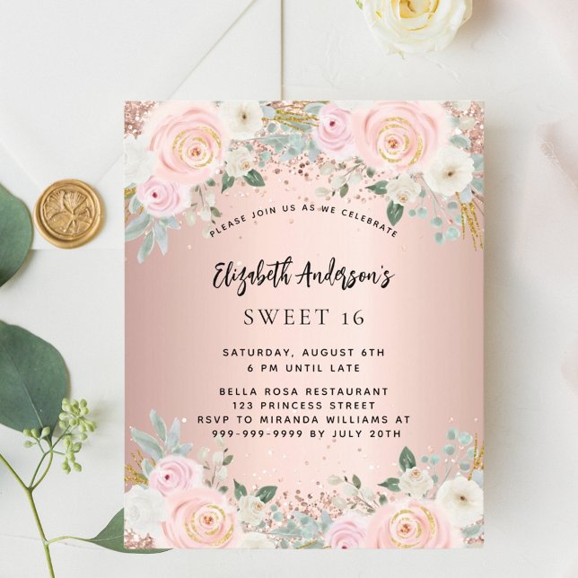 Rose gold flowers Sweet 16 budget invitation Flyer (Creator Uploaded)