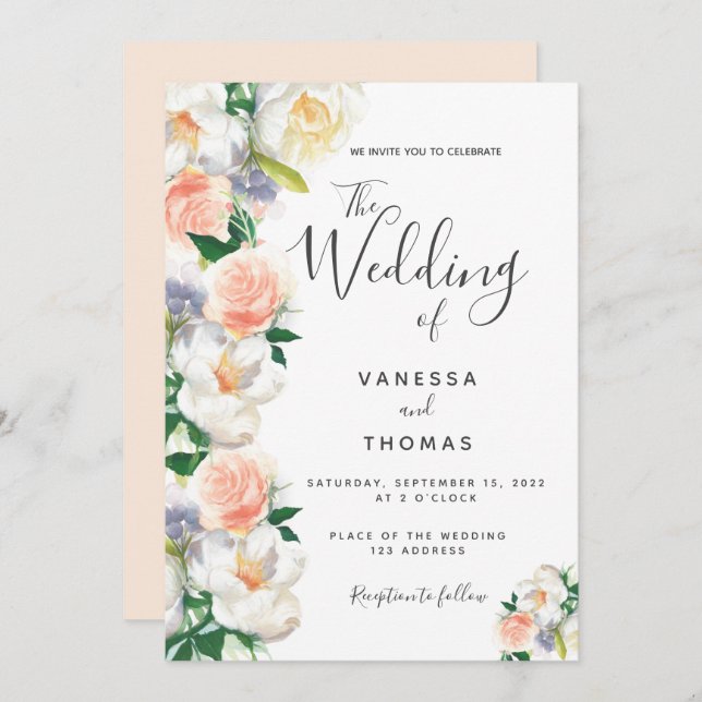 Rose gold flowers white script wedding invitation (Front/Back)