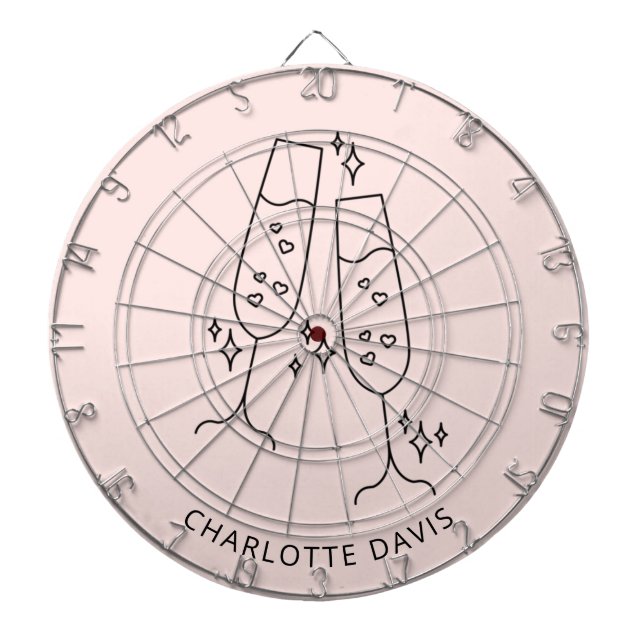 Rose gold flute glass cheers name party dartboard (Front)
