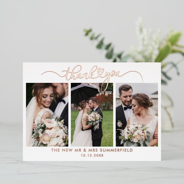 Rose Gold Foil 3 Photos Wedding Thank You Card (Standing Front)