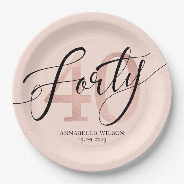 Rose Gold Foil 40th Birthday   Paper Plate (Front)