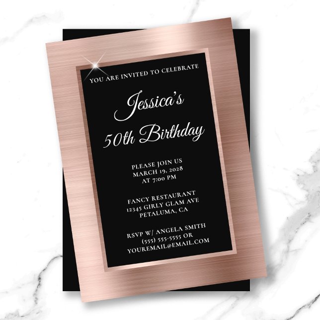 Rose Gold Foil and Black Overlay 50th Birthday Invitation (Rose Gold Foil and Black Overlay 50th Birthday Invitation)