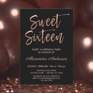 Rose Gold Foil and Black Sweet Sixteen Birthday Invitation