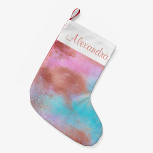 Rose Gold Foil and Blue Pink Pastel Watercolor Small Christmas Stocking