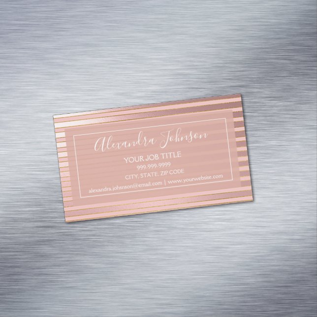 Rose Gold Foil and Burgundy Striped Professional Magnetic Business Card (In Situ)