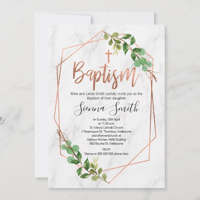 Rose gold foil and marble baptism invitation (Front)