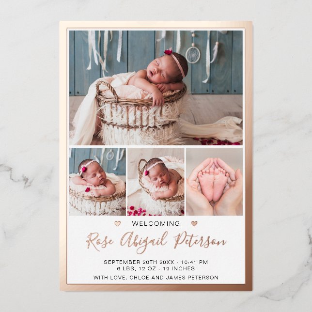 Rose Gold Foil Baby Girl Birth Announcement Card (Front)