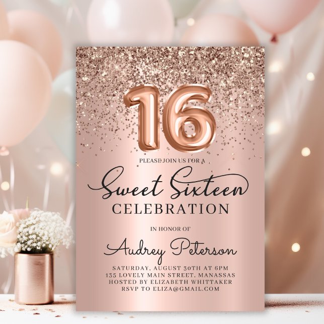 Rose Gold Foil Balloon Glitter Sweet 16th Birthday Invitation (Creator Uploaded)