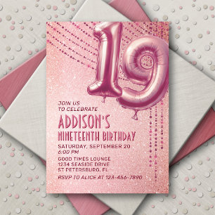 Rose Gold Foil Balloons 19th Birthday Invitation