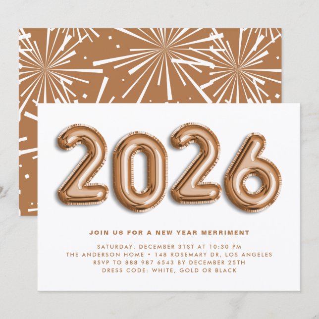 Rose Gold Foil Balloons New Year's Eve Party II Invitation (Front/Back)