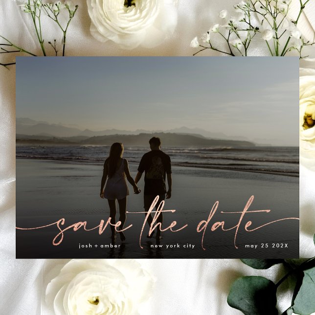 Rose Gold Foil Black Modern Photo Illuminating Save The Date (Creator Uploaded)