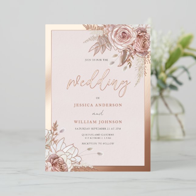 Rose Gold Foil Blush Floral With Border Wedding (Standing Front)
