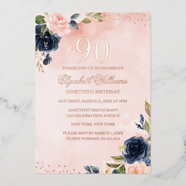 ROSE GOLD FOIL Blush Navy Floral 90th Birthday  (Front)