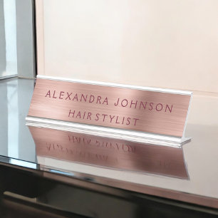 Rose Gold Foil Blush Pink Burgundy Modern Desk Name Plate
