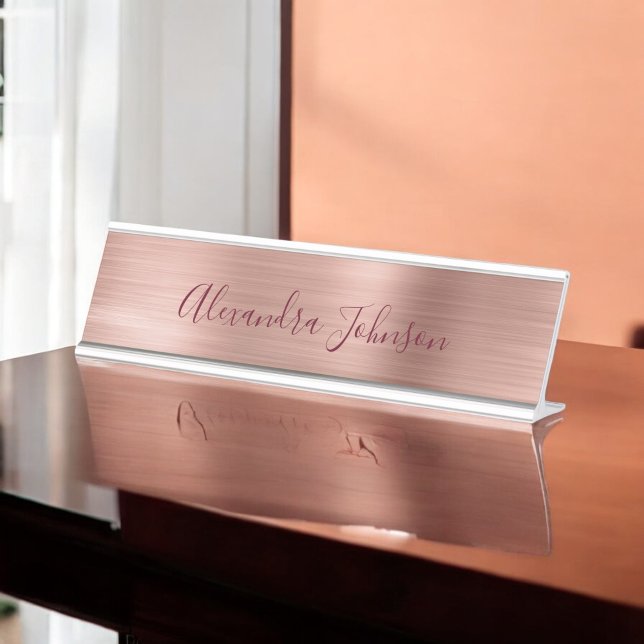 Rose Gold Foil | Blush Pink Burgundy Modern Desk Name Plate (Creator Uploaded)