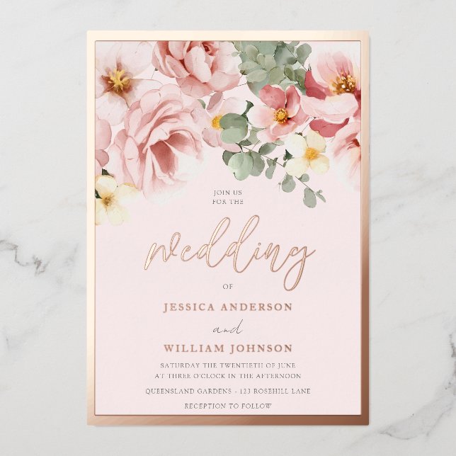 Rose Gold Foil Border Dusty Rose Floral Wedding (Front)