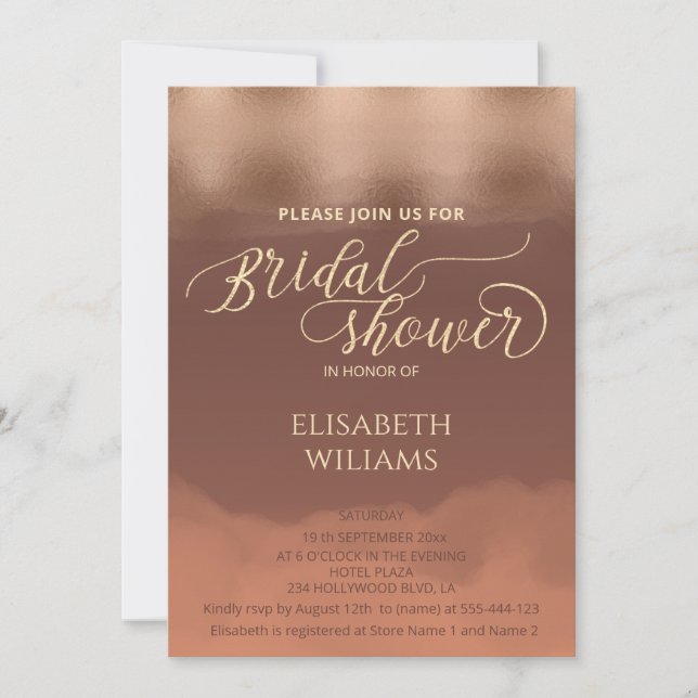 Rose gold foil cinnamon cantaloupe watercolor invitation (Front)