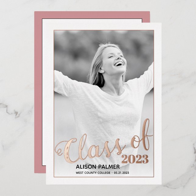 Rose gold foil Class of 2023 script photo (Front/Back)