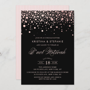 Rose Gold Foil Confetti Dots Black B'not Mitzvah Invitation