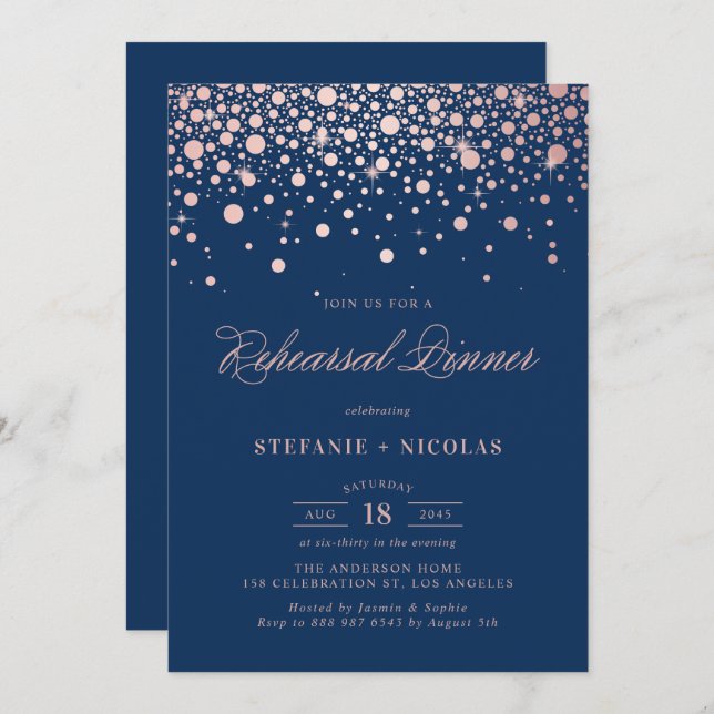 Rose Gold Foil Confetti Navy Blue Rehearsal Dinner Invitation (Front/Back)