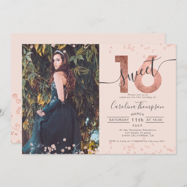 Rose gold foil confetti photo blush Sweet 16 Invitation (Front/Back)