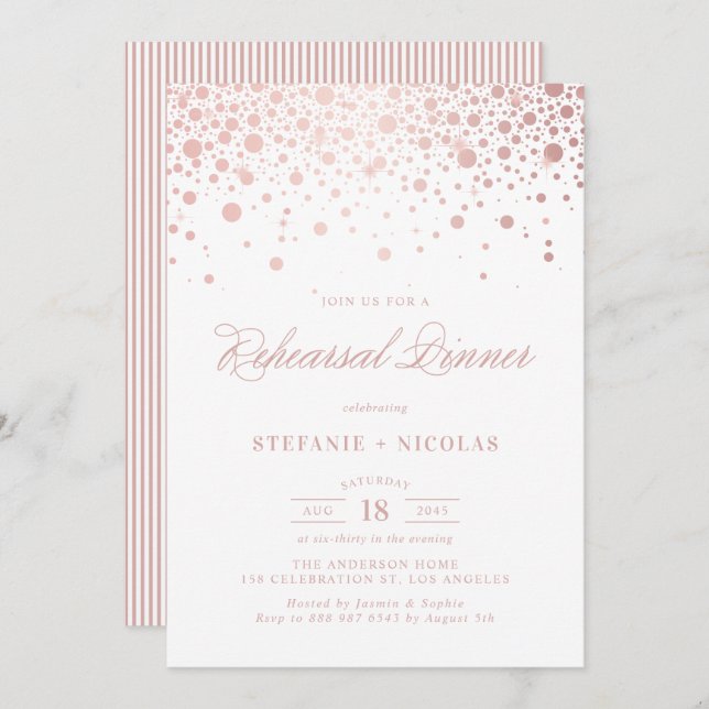 Rose Gold Foil Confetti Rehearsal Dinner Invite (Front/Back)