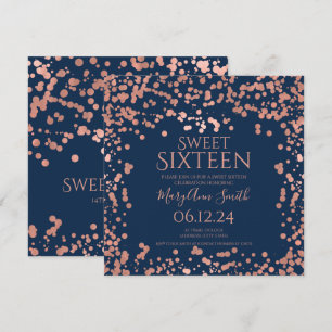 Rose Gold Foil Confetti Sweet 16th Invite Navy