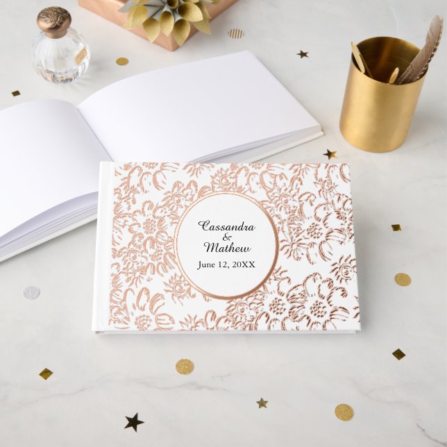 Rose Gold Foil Daisies Floral White Wedding Guest Book (Front Open)