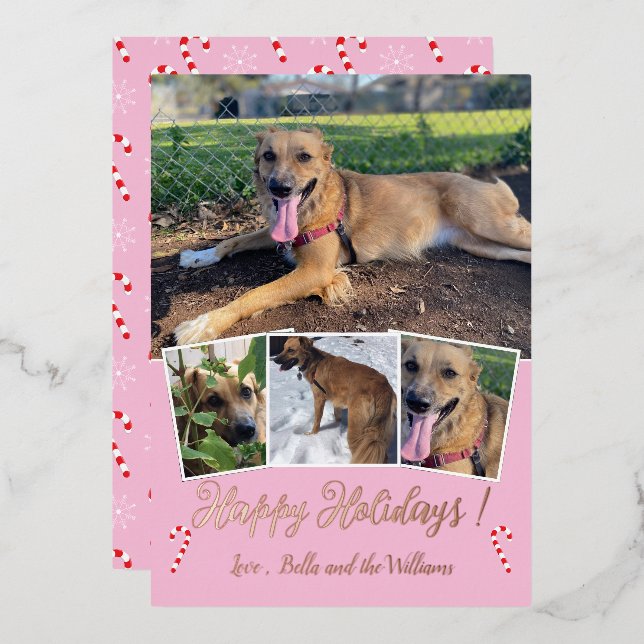 Rose Gold Foil Dog Photo Collage Pink Holiday Card (Front/Back)