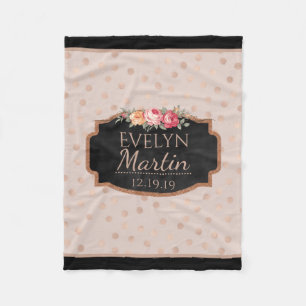 Rose Gold Foil Dots Chalkboard Monogrammed Floral Fleece Blanket