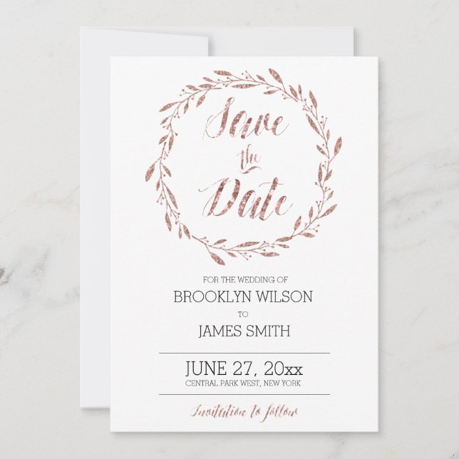 Rose Gold Foil Effect Save The Date Cards Wreath (Front)
