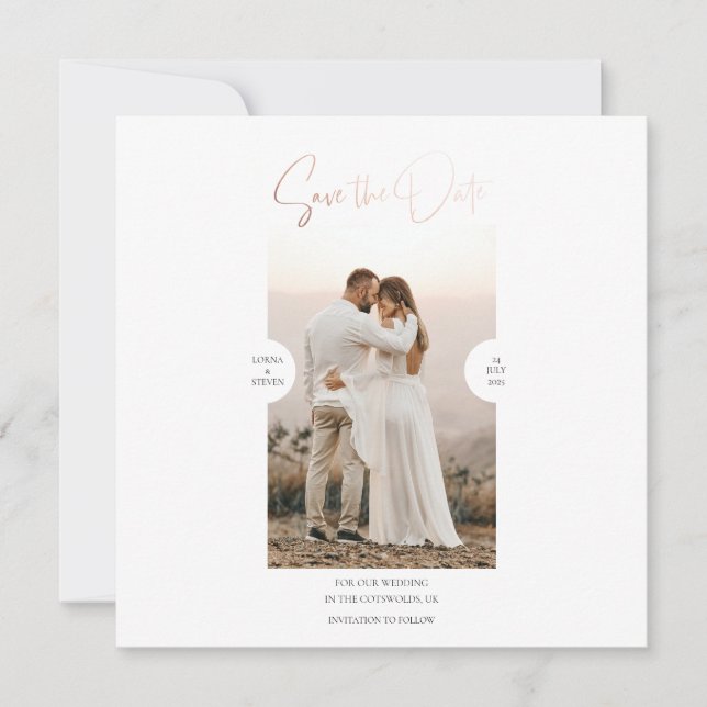 Rose Gold Foil Effect Script Save the Date Card (Front)