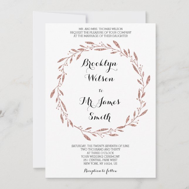 Rose Gold Foil Effect Wedding Invitation Wreath (Front)