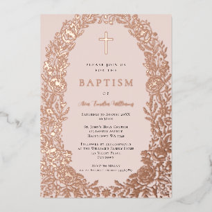 Rose Gold Foil Floral Baptism Invitation