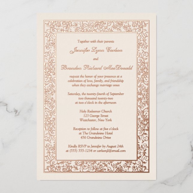 Rose Gold Foil Floral Filigree Wedding Invite (Front)