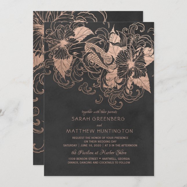 Rose Gold Foil Floral Koi Wedding Invitation (Front/Back)