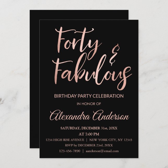 Rose Gold Foil Forty and Fabulous Birthday Invitation (Front/Back)
