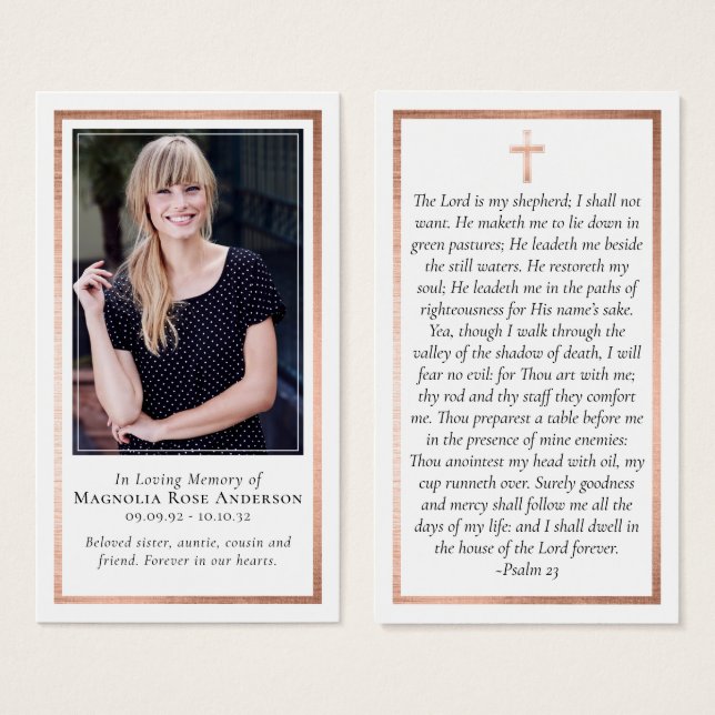 Rose Gold Foil Frame Cross Memorial Prayer Card (Front & Back)